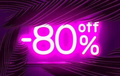 Neon frame 80 off text banner, summer bar promotion. Night Sign board. Vector Stock Illustration