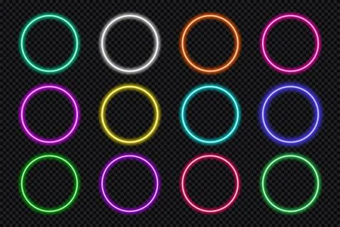 Neon frame button circle set. Glowing coloful round border. Geometric shape Illustrazione stock