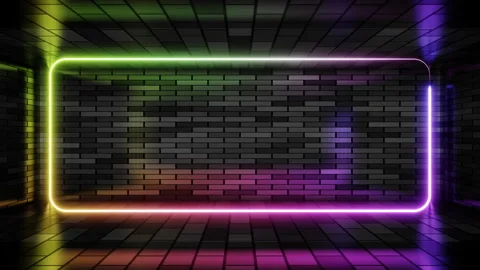 Neon frame colorful lights motion loops square on brick wall background 3d Stock Footage 265197834