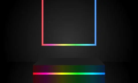 Neon frame glows against the background, emitting bright light on a sleek b.. Stock Illustration
