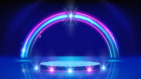 Neon frame, led arch, podium, stage. Background, backdrop. Neon arch, frame Stock Illustration