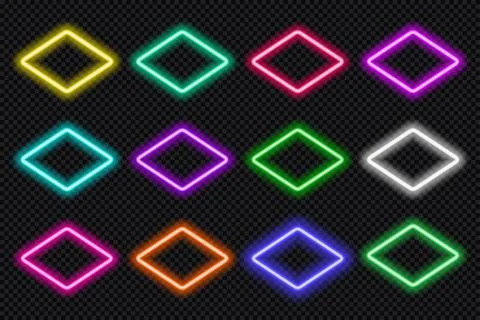 Neon frame rhombus set. Glowing coloful rounded diamond borders. Geometric shape 스톡 일러스트