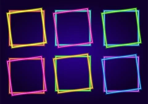Neon frame set. a collection of square-shaped neon templates, a double contour Stock Illustration