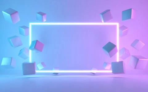 Neon frame sign with cube. 3d rendering Stock Illustration