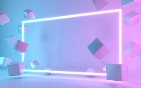 Neon frame sign with cube. 3d rendering Stock Illustration