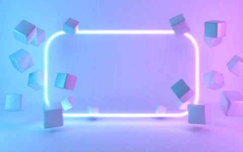 Neon frame sign with cube. 3d rendering Stock Illustration