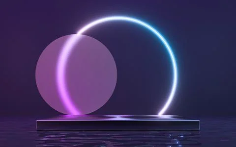 Neon frame sign in the shape with podium and reflection in the water. 3d rend Stock Illustration