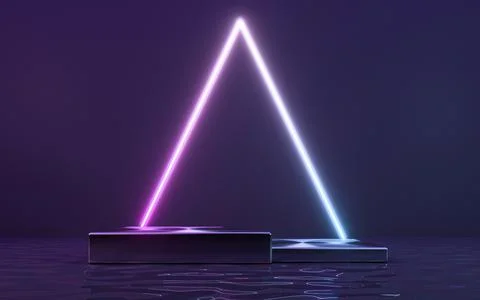 Neon frame sign in the shape with podium and reflection in the water. 3d rend Stock Illustration