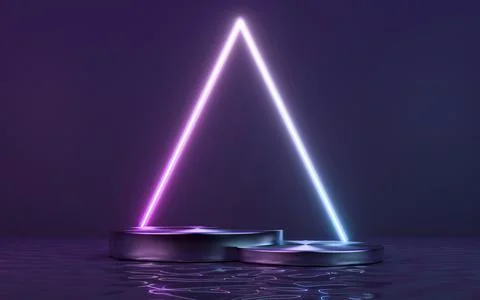 Neon frame sign in the shape with podium and reflection in the water. 3d rend Stock Illustration