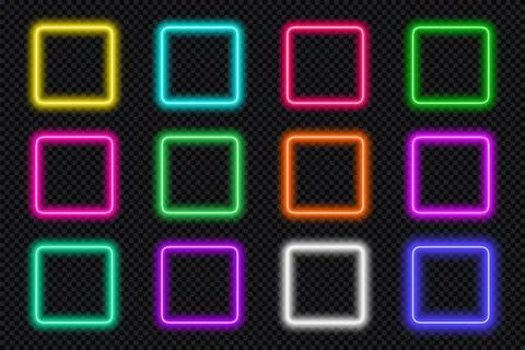 Neon frame square set. Glowing coloful rounded rectangle borders. Geometric Illustrazione stock