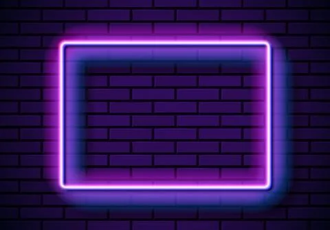 Neon frame with square shape on the blue brick wall. Classic rectangular 80s Stock Illustration