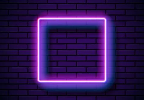 Neon frame with square shape on the blue brick wall. Classic rectangular 80s Stockillustratie