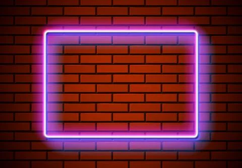 Neon frame with square shape on the red brick wall. Classic rectangular 80s Stock Illustration