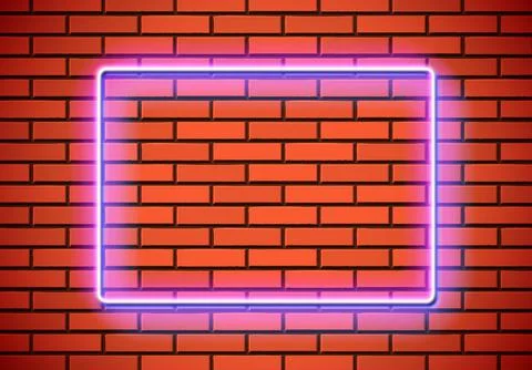 Neon frame with square shape on the red brick wall. Classic rectangular 80s Stock Illustration