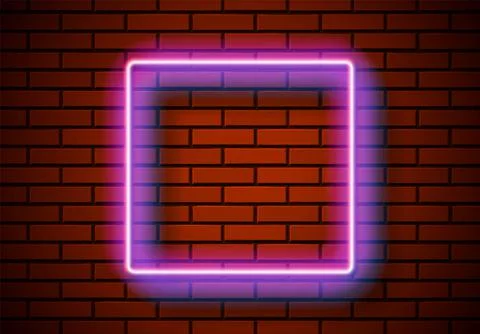 Neon frame with square shape on the red brick wall. Classic rectangular 80s Stock Illustration