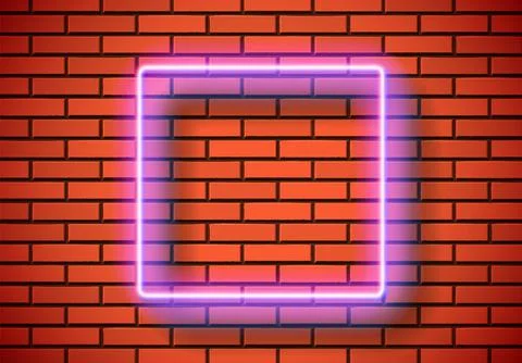 Neon frame with square shape on the red brick wall. Classic rectangular 80s Stock Illustration