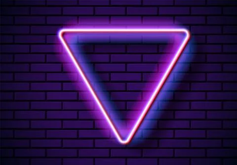 Neon frame with triangle shape on the blue brick wall. Classic rectangular 80s Stock Illustration