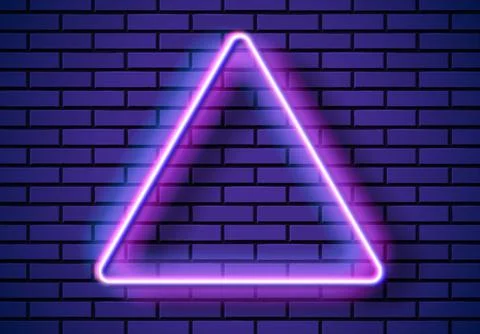 Neon frame with triangle shape on the blue brick wall. Classic rectangular 80s イラスト素材