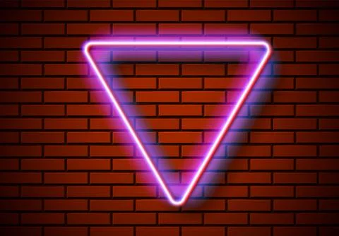 Neon frame with triangle shape on the red brick wall. Classic rectangular 80s Stock Illustration