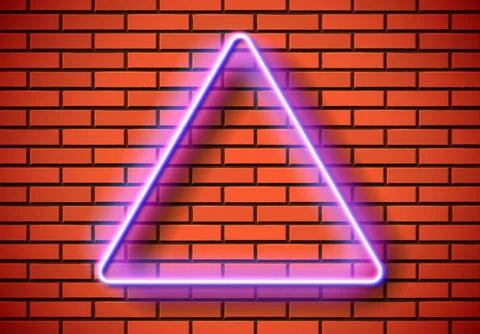 Neon frame with triangle shape on the red brick wall. Classic rectangular 80s Stock Illustration