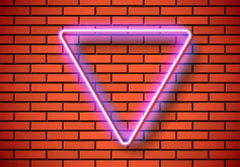Neon frame with triangle shape on the red brick wall. Classic rectangular 80s Stock Illustration