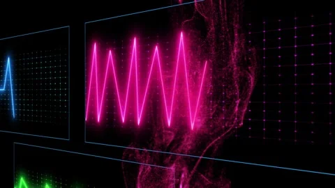 Neon-framed panels sliding for tech visualization, magenta plume entering and Stock Footage 331125134