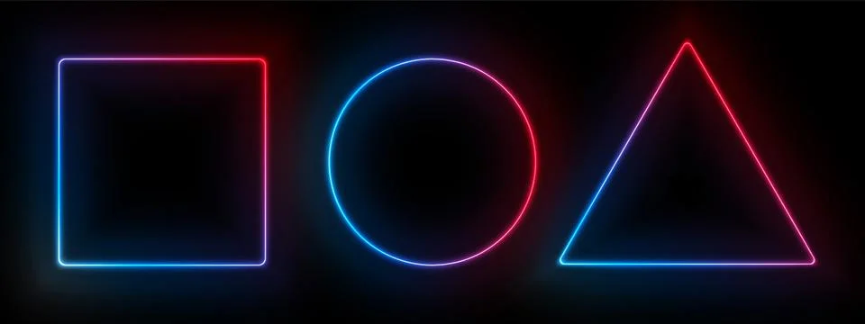 Neon frames, disco light bulbs. Vector rectangle, triangle and circle light b Illustrazione stock