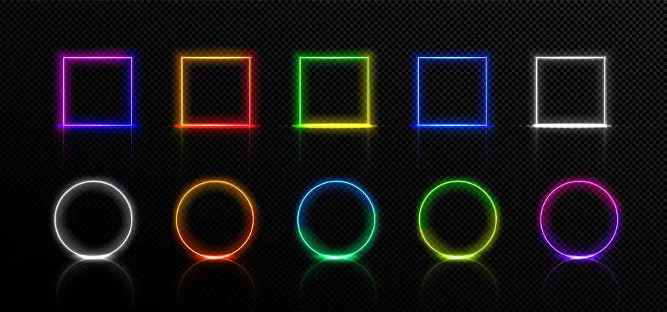 Neon frames, isolated led square and round borders イラスト素材