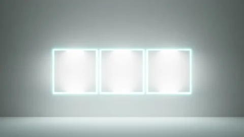 Neon frames, mockup posters in an empty room, white walls, blue light Stock Footage 201552726