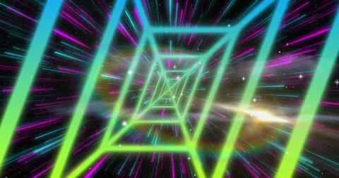 Neon frames moving inward through 3D cosmic tunnel, multicolored light streaks Stock Footage 307462949