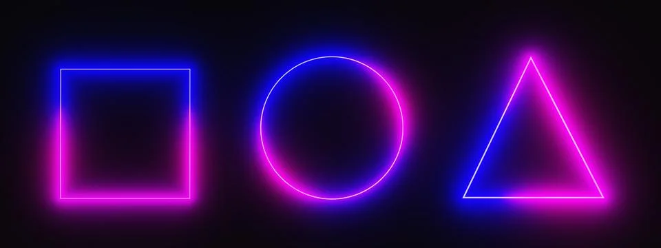 Neon frames square, circle and triangle shapes, 3d render icons set. Electric Illustrazione stock