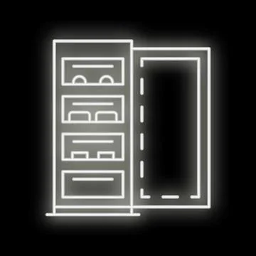 Neon fridge open door with empty shelves on black background Illustrazione stock