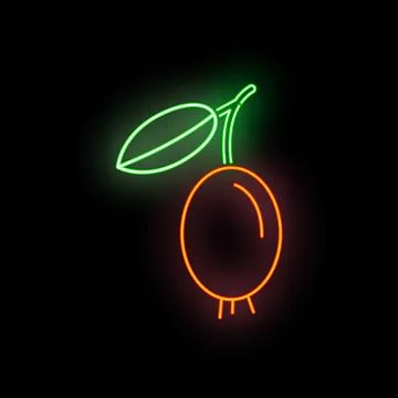 Neon fruit sign glowing orange and green in darkness Stock Illustration