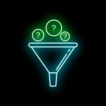Neon funnel filtering questions for decision making process Illustrazione stock