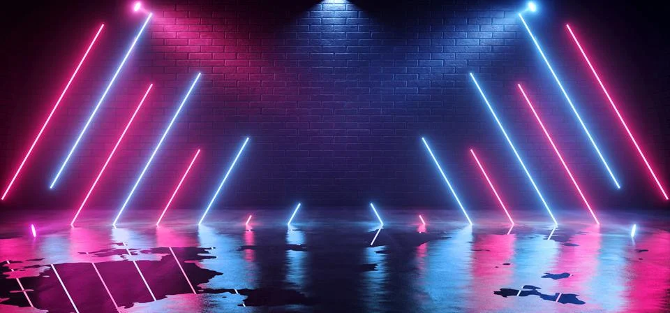 Neon Future Sci Fi Laser Beam Purple Blue Vibrant Stage Podium Brick Concrete Illustrazione stock