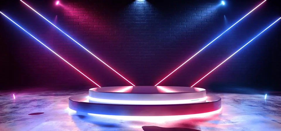 Neon Future Sci Fi Laser Beam Purple Blue Vibrant Stage Podium Brick Concrete 스톡 일러스트