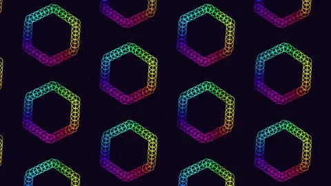 Neon futuristic hexagons pattern with rainbow rings on black gradient Stock Footage 245553599