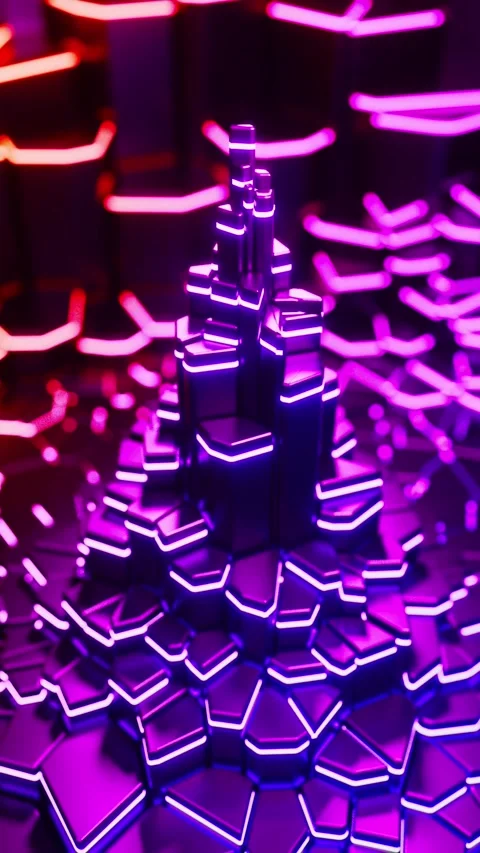 A neon futuristic tower of hexagons. Vertical looped animation Stock Footage 307012002
