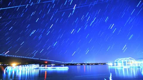 Neon Galaxy Star Trails Rise Over blue lake in night sky timelapse Stock Footage