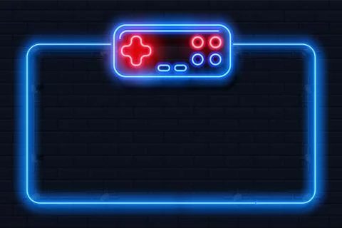 Neon game background. Square shape with joystick, control buttons, controller Stock Illustration