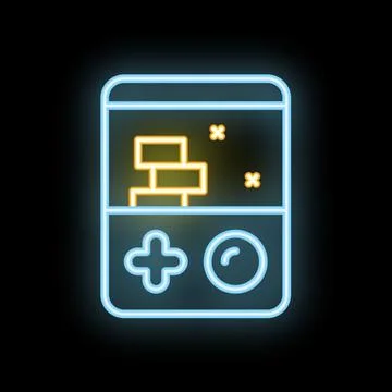 Neon game boy displaying pixelated game with buttons glowing Stock Illustration