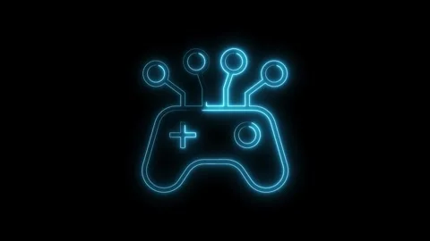 Neon game controller with artificial intelligence brain technology on a dar.. Stock Footage 314541379