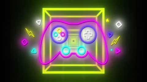 Neon game controller floating inside 3D glowing yellow cube, illuminating Stock Footage 309090988