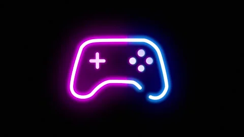 Neon game controller icon glows pink and blue, gaming concepts, tech, esports Stock Footage 335993993