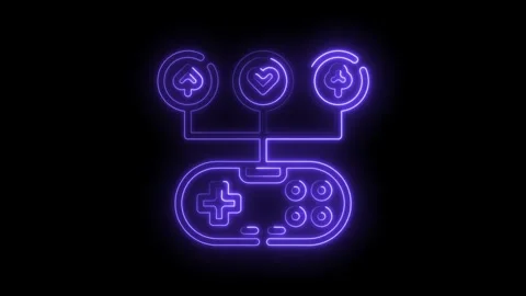 Neon game controller with spade heart and club symbols glowing on black Stock Footage 330771040