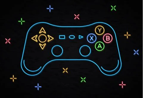 Neon game controller for video games on black wall Stock Illustration