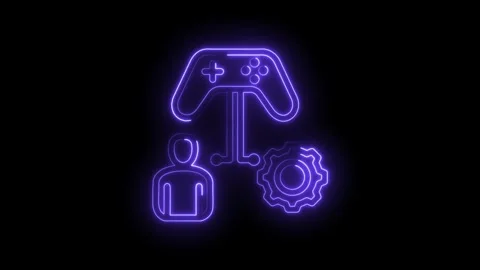 Neon gamer icon with controller and gear symbol representing gaming development Stock Footage 333951895
