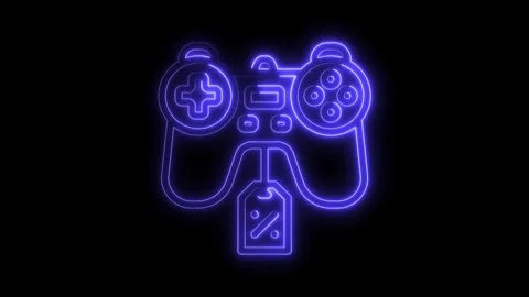 Neon gaming controller with discount tag animating against black background.. Stock Footage 314539633