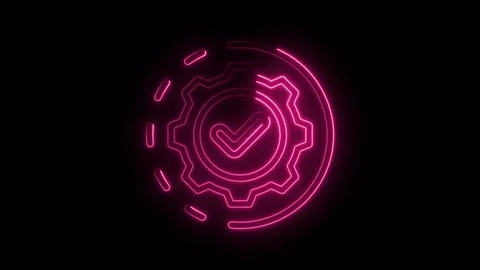 Neon gear with checkmark animation on black background for settings and approval Stock Footage 330785407