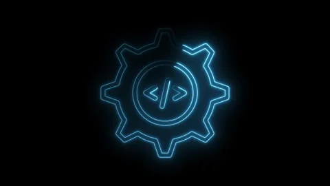 Neon gear with code symbol glowing on black background Stock Footage 322974945
